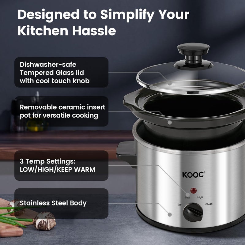 KOOC Small Slow Cooker, 2 Quart, Free Liners Included for Easy Clean-up, Upgraded Ceramic Crock, Adjustable Temp, Nutrient Loss Reduction, Stainless Steel, Silver, Round - Image 5